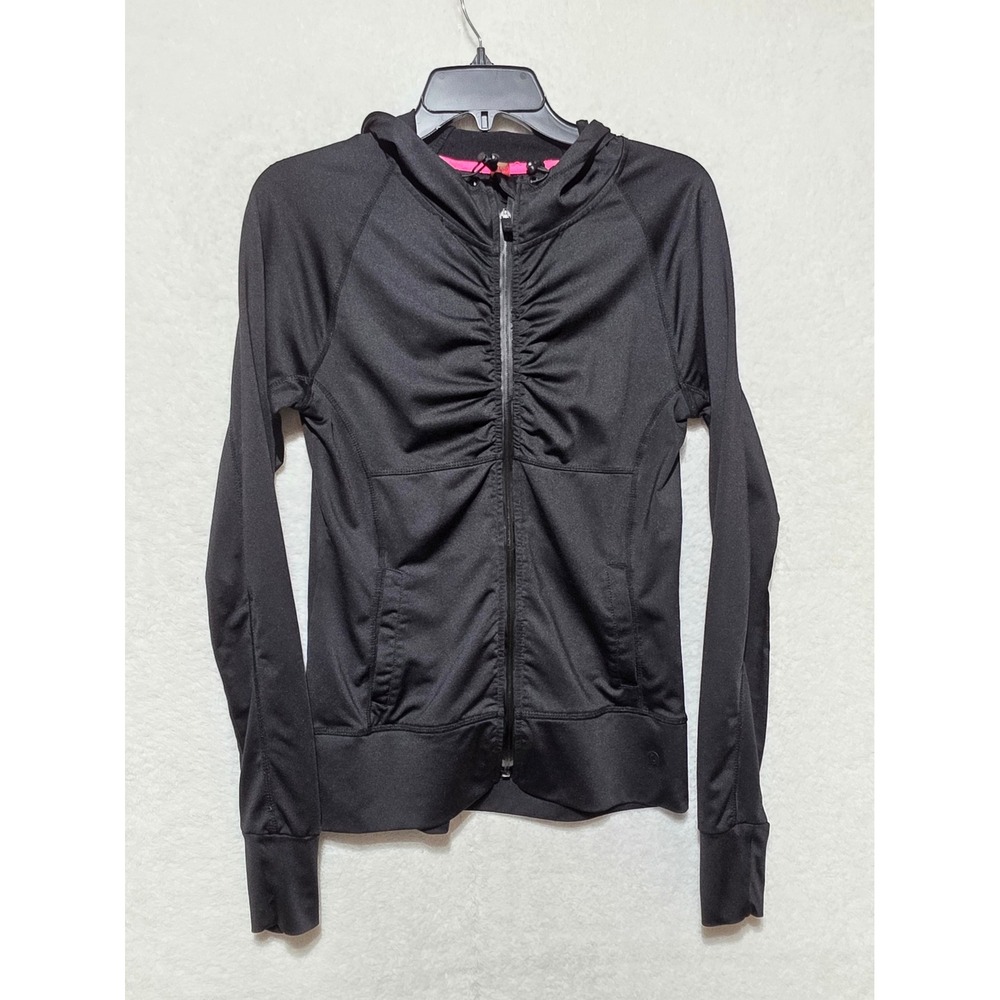 Hyba Black Ruched Full Zip Hoodie Jacket Thumbholes Athleisure Womens S